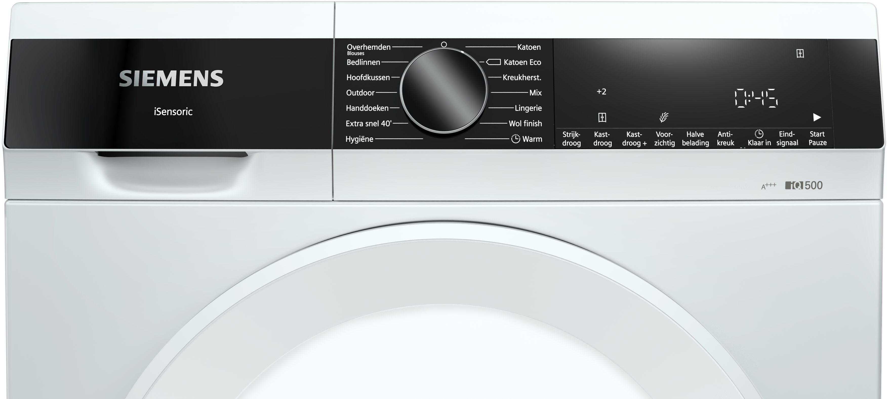 Close-up van het bedieningspaneel van een witte Siemens wasmachine. Verschillende instellingen zijn zichtbaar.
