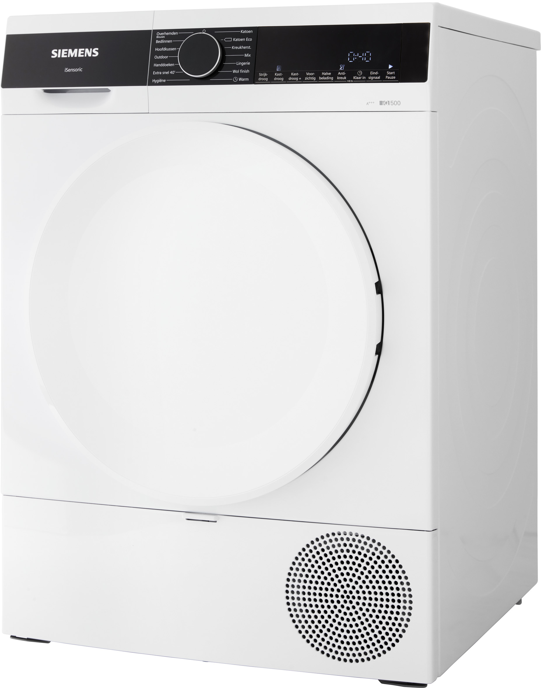 Witte Siemens droger, vooraanzicht, met digitaal display en bediening. Witte achtergrond.