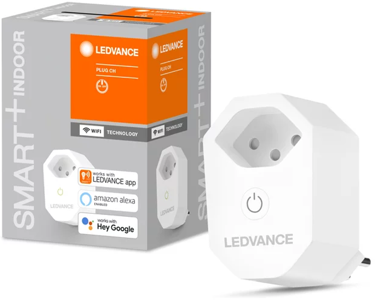 Prise intelligente Ledvance blanche et orange, avec prise et emballage.