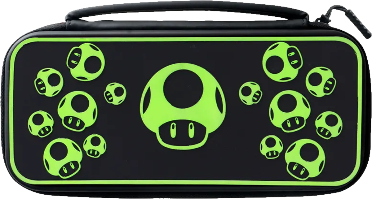Nintendo Switch-Hülle mit einem Muster aus grünen Pilzen auf schwarzem Hintergrund.