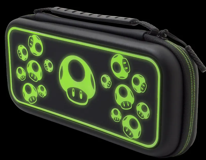 Ein schwarzes Etui mit einem neongrünen Pilzdesign. Reißverschluss und Griff sind sichtbar.