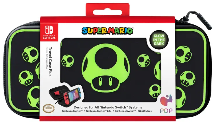 Schwarze und grüne Nintendo Switch-Reisetasche mit Pilzdesign.