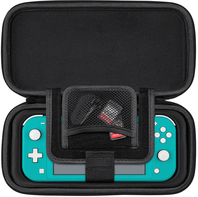 Schwarzes Etui mit teal Nintendo Switch Lite Konsole. Zubehör innen.