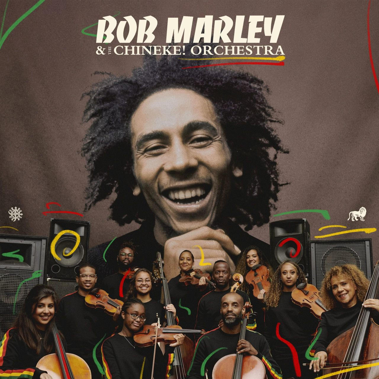 Bob Marley & The Chineke! Orchestra album borítója, mosolygó Marley-val és zenekari tagokkal.