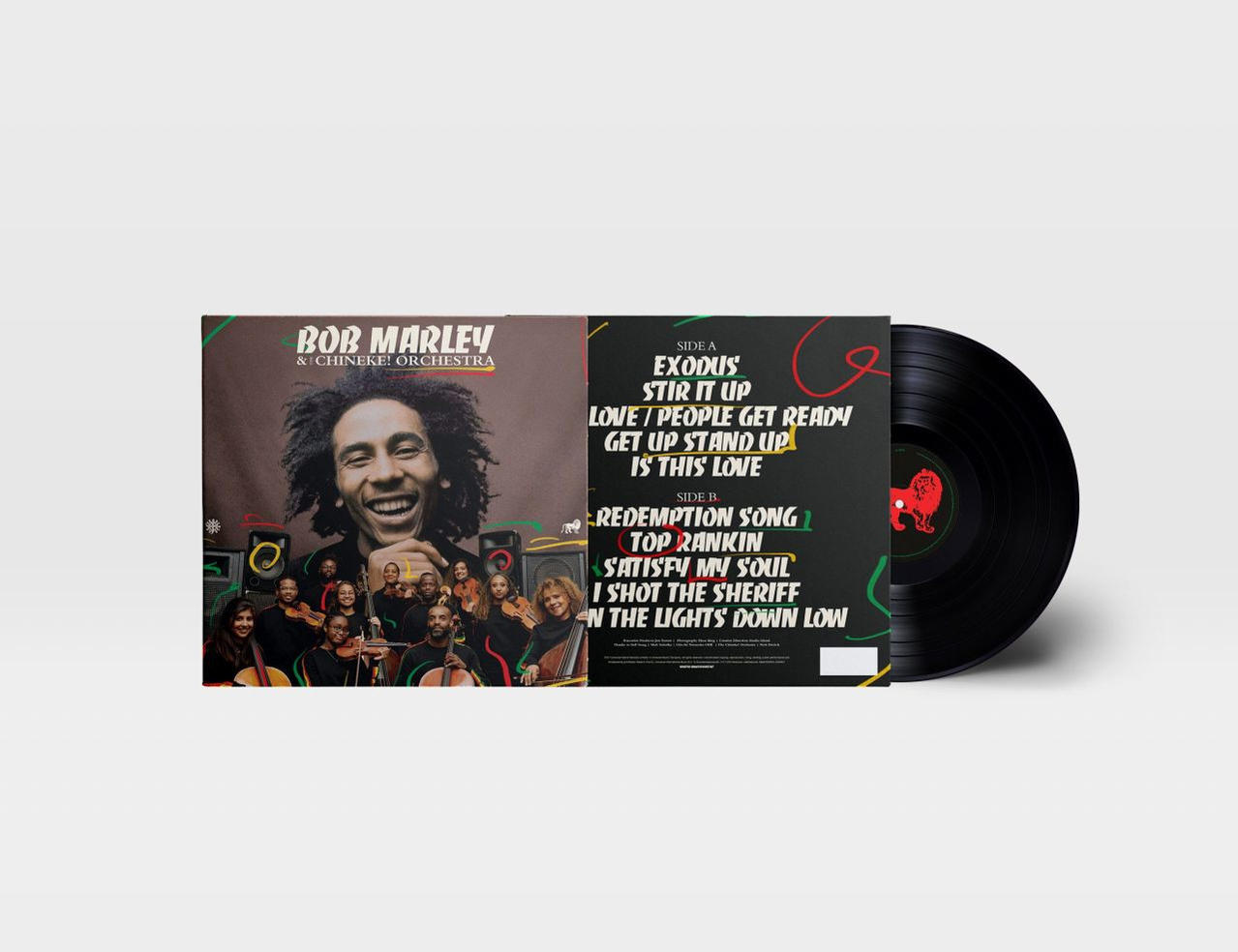 Bob Marley & The Chineke Orchestra album borító. Bob Marley zenekarral és a számlistával.