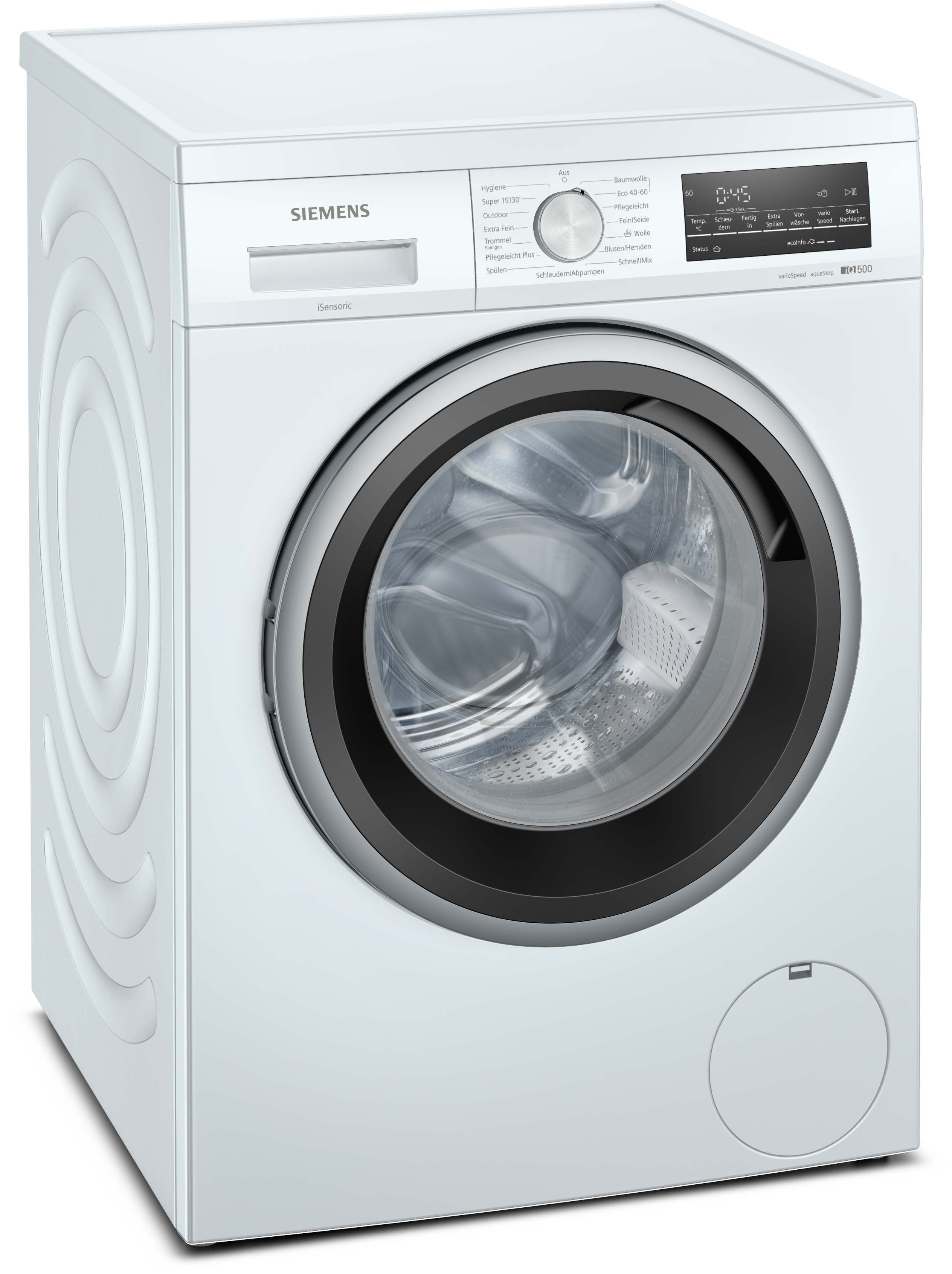 Weiße Siemens Waschmaschine. Frontlader mit dunkler runder Tür. Knöpfe und Drehregler oben.