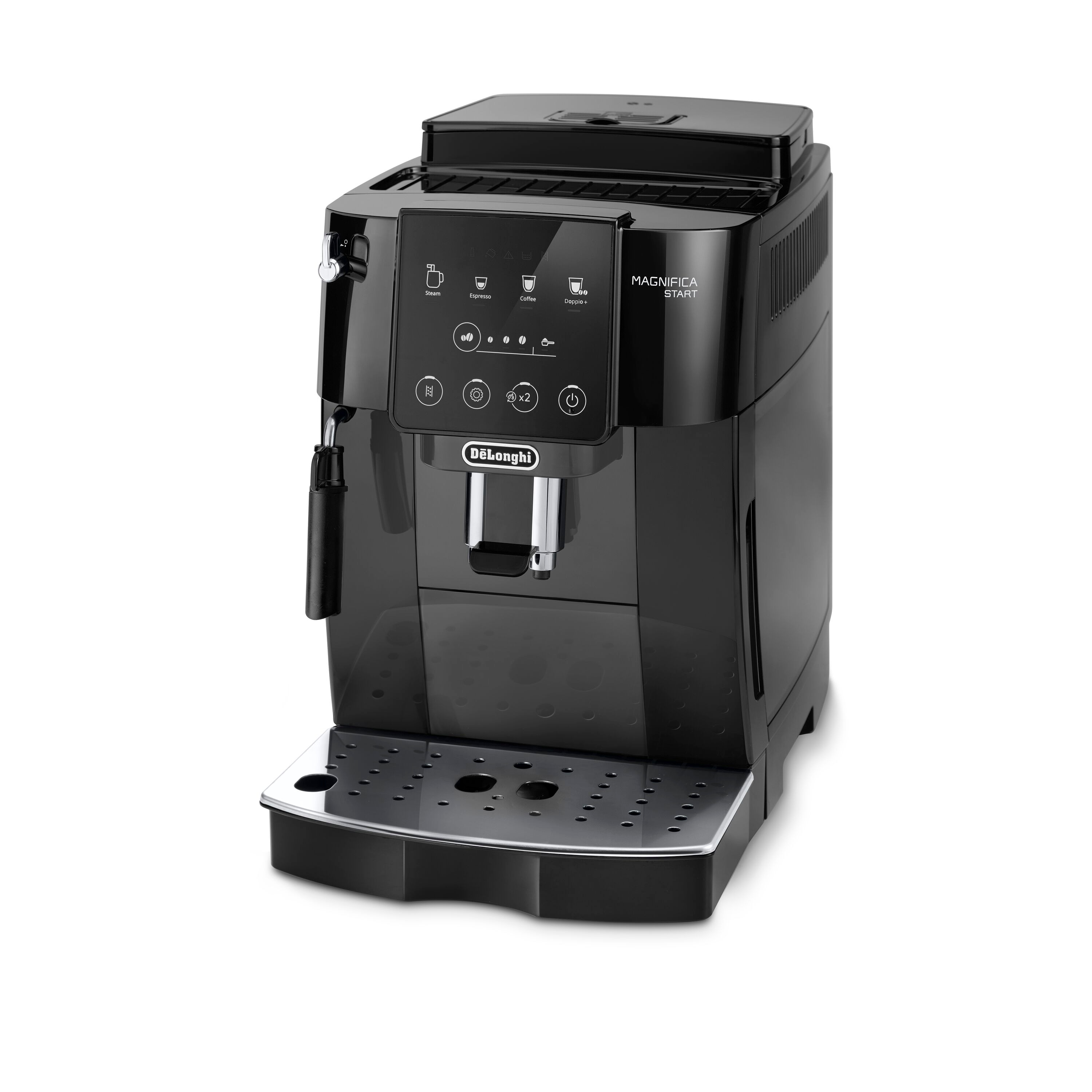 Schwarze DeLonghi Kaffeemaschine. Sie hat ein Display und mehrere Knöpfe.