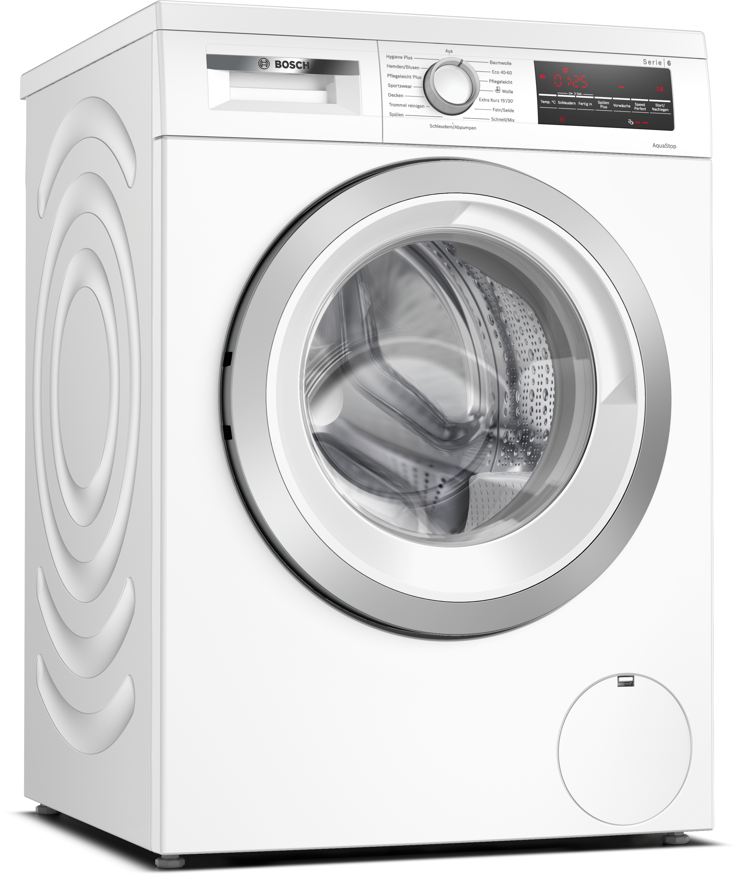 Weiße Bosch Waschmaschine, Serie 6, mit silbernem Türrahmen.