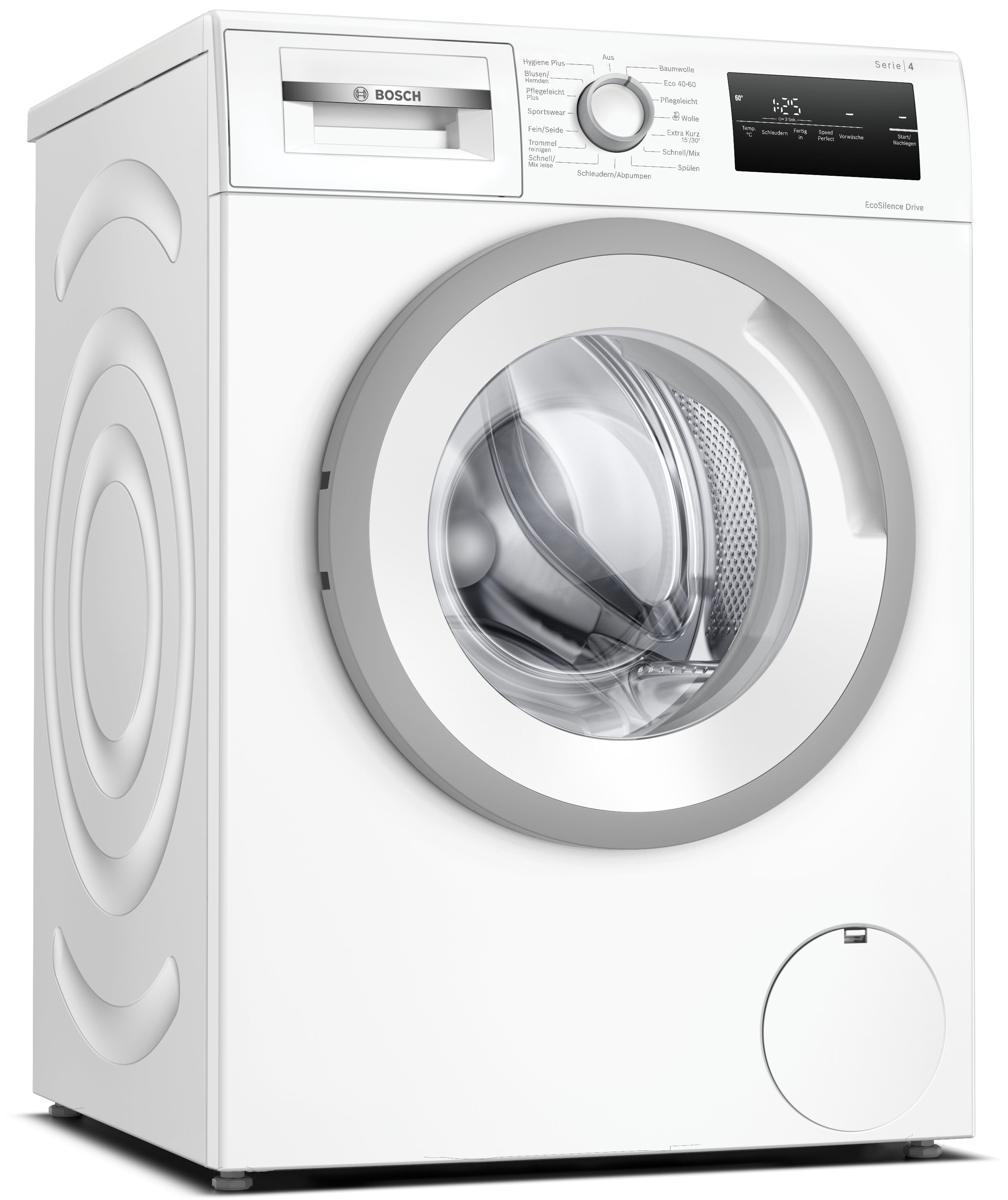 Eine weiße Bosch Waschmaschine. Sie hat eine Glastür, ein Bedienfeld und einen Drehknopf.