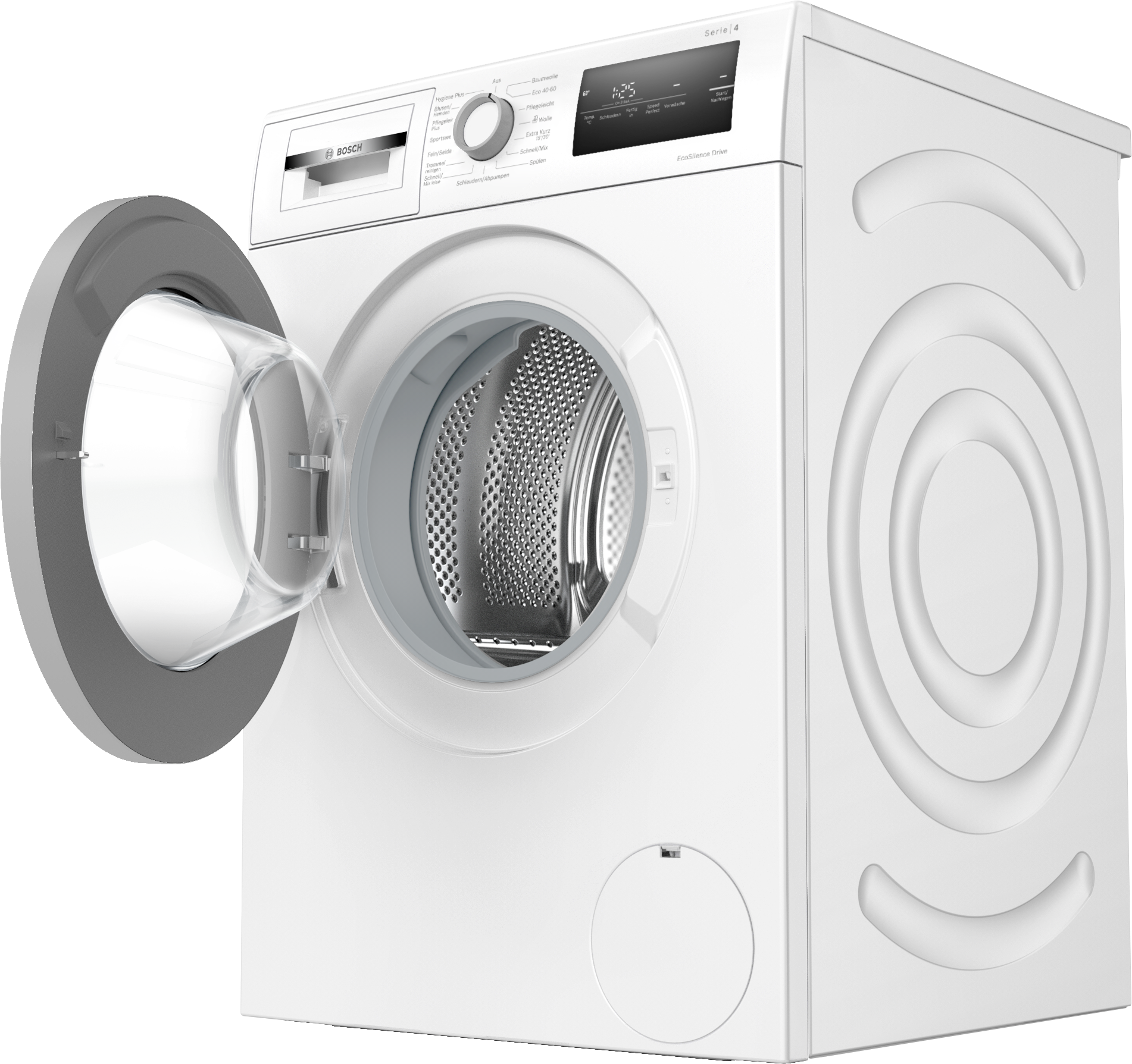 Eine weiße Bosch-Waschmaschine mit offener Tür. Die Tür ist transparent. Ein Display und Knöpfe sind sichtbar.