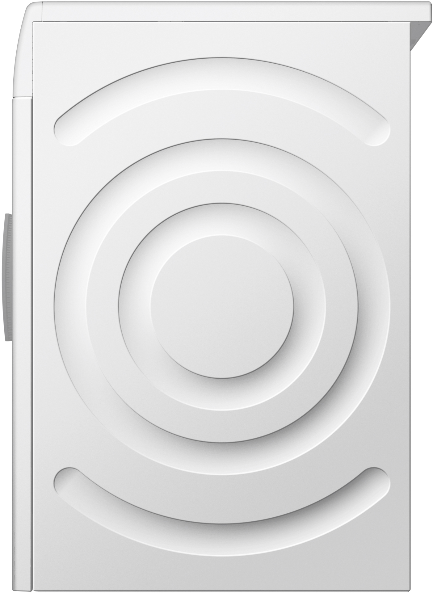 Weiße Gerätefront mit konzentrischen Kreisen und gebogenen Vertiefungen. Drehknopf an der Seite. Sauberes, modernes Design.