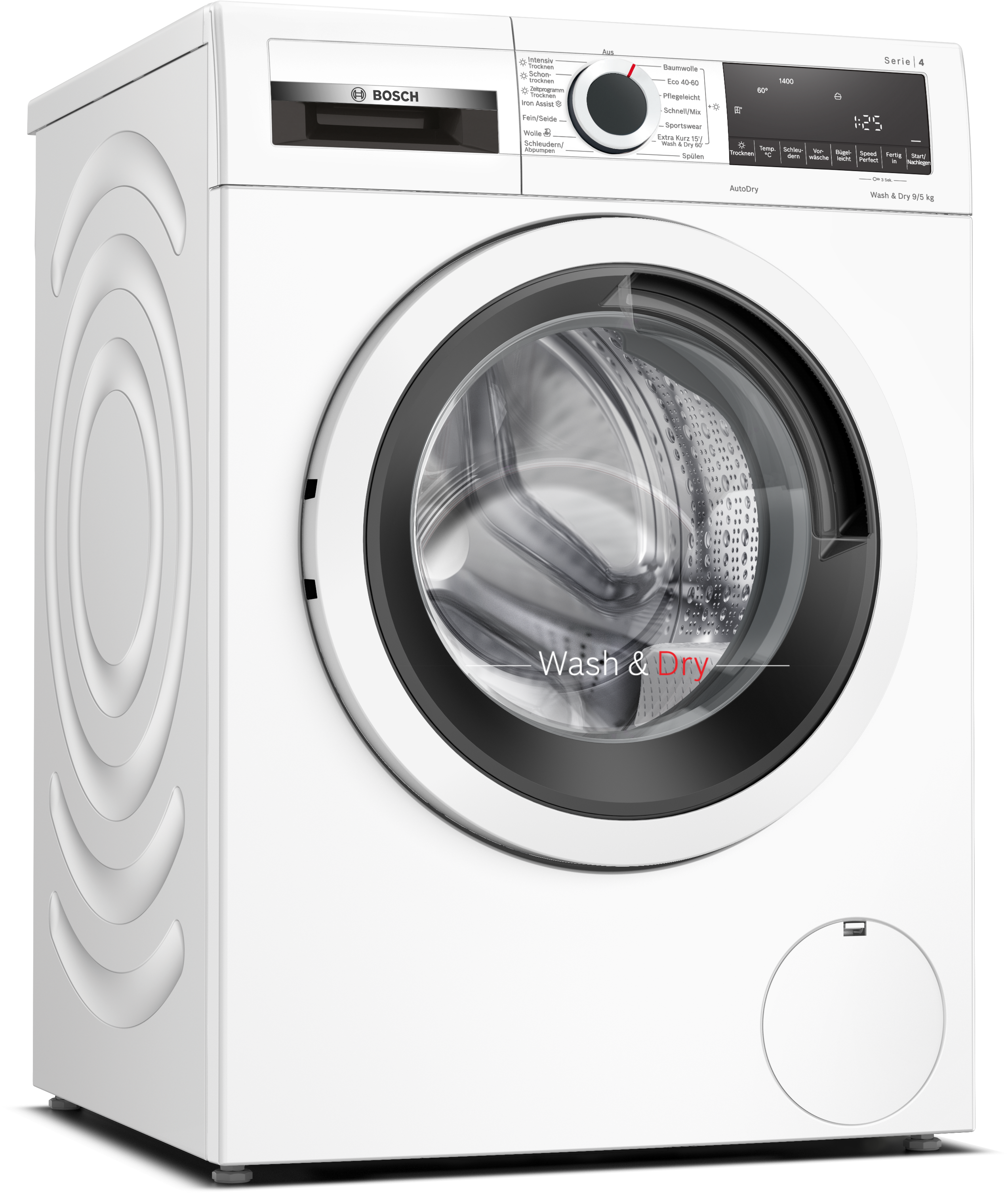 Weiße Waschmaschine mit schwarzer Tür und digitaler Anzeige.