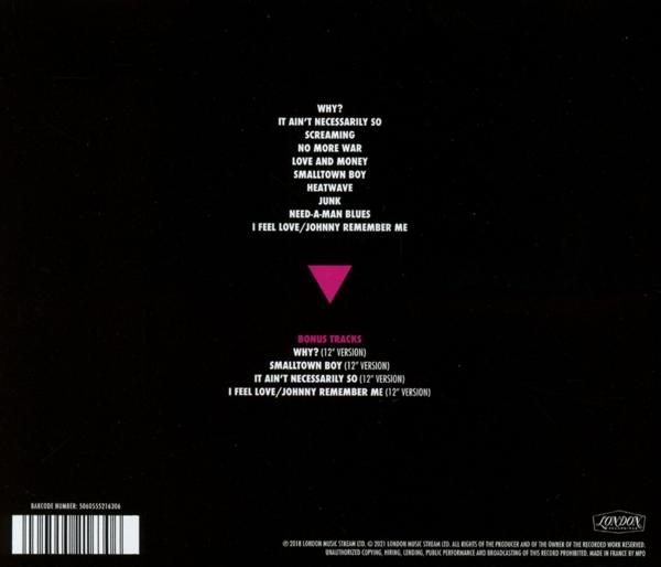 Albumcover mit Titelliste auf schwarzem Hintergrund. Rosa Dreieck in der Mitte. London Music Stream Logo.