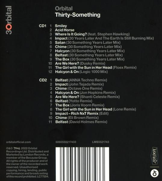 CD-Cover mit Titellisten für das Album Thirty-Something von Orbital.