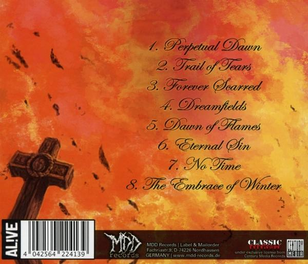 Rückseite eines Albums mit Kreuzgrafik und Songtiteln. Der Hintergrund hat ein feuriges Orange- und Rot-Farbschema.