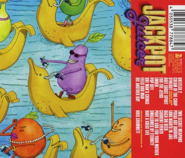 CD-Cover mit Cartoon-Früchten, die auf Delfinen reiten, mit Text und Barcode.