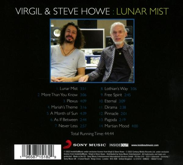 Die Rückseite eines CD-Albums mit dem Titel 'VIRGIL & STEVE HOWE: LUNAR MIST' mit einer Titelliste.