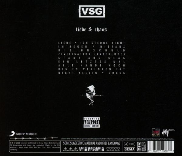 Albumcover mit schwarzem Hintergrund, weißem Text und Rosenillustration.