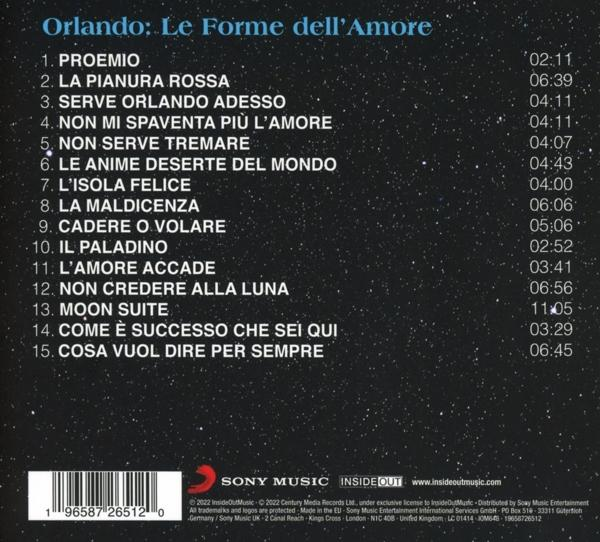 Rückseite eines Albums mit Songtiteln und einer Tracklist. Das Album trägt den Titel 'Orlando: Le Forme dell'Amore'.