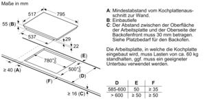 Diagramm eines Einbaukochfelds mit Abmessungen in mm, zeigt Ausschnittsgröße und Abstände.