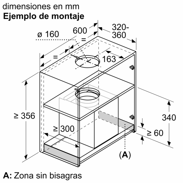 Diagrama que muestra las dimensiones para la instalación de una campana extractora. Las medidas están en milímetros.