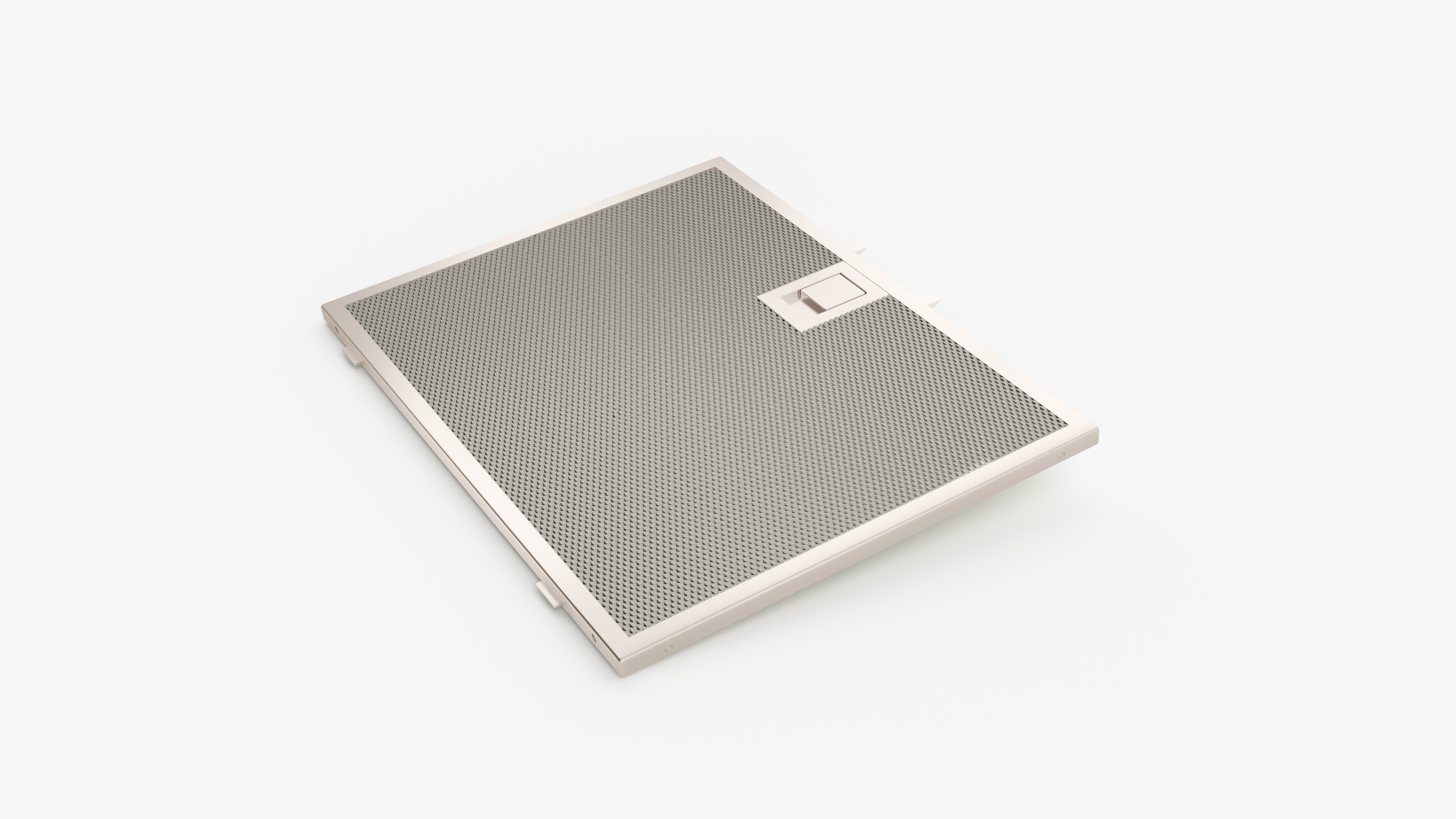 Filtro de campana extractora de metal plateado, con superficie perforada y sección rectangular pequeña.