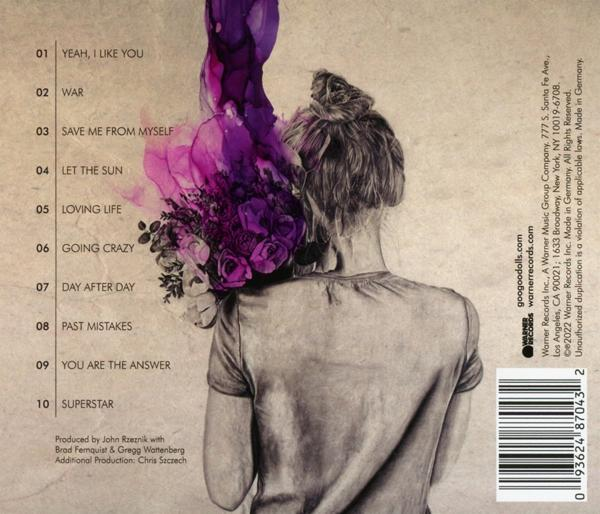 Die Rückseite einer CD mit einer Frau, die Blumen hält. Trackliste auf der linken Seite.