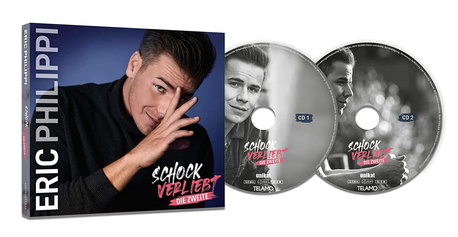 CD-Cover mit einem Mann in schwarzem Hemd mit dem Titel SCHOCK VERLIEBT. CDs sind sichtbar.