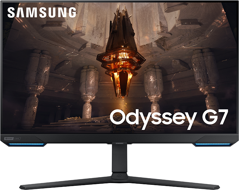 Samsung Odyssey G7 monitor. Egy ívelt képernyő állvánnyal. A képernyő egy futurisztikus jelenetet mutat.
