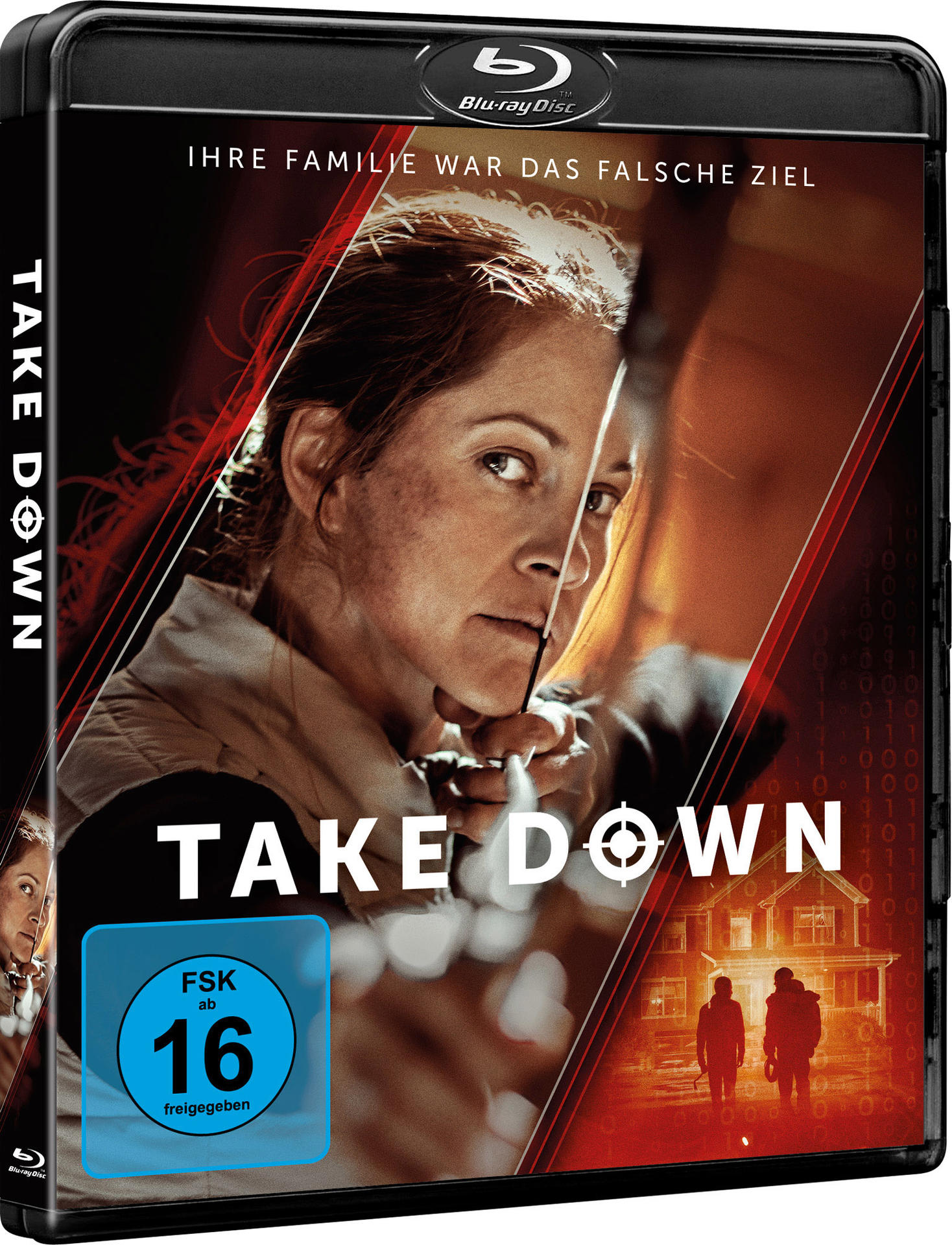Filmcover mit dem Gesicht einer Frau und einem Fadenkreuz auf dem Auge. Text: 'TAKE DOWN' und 'FSK 16'.