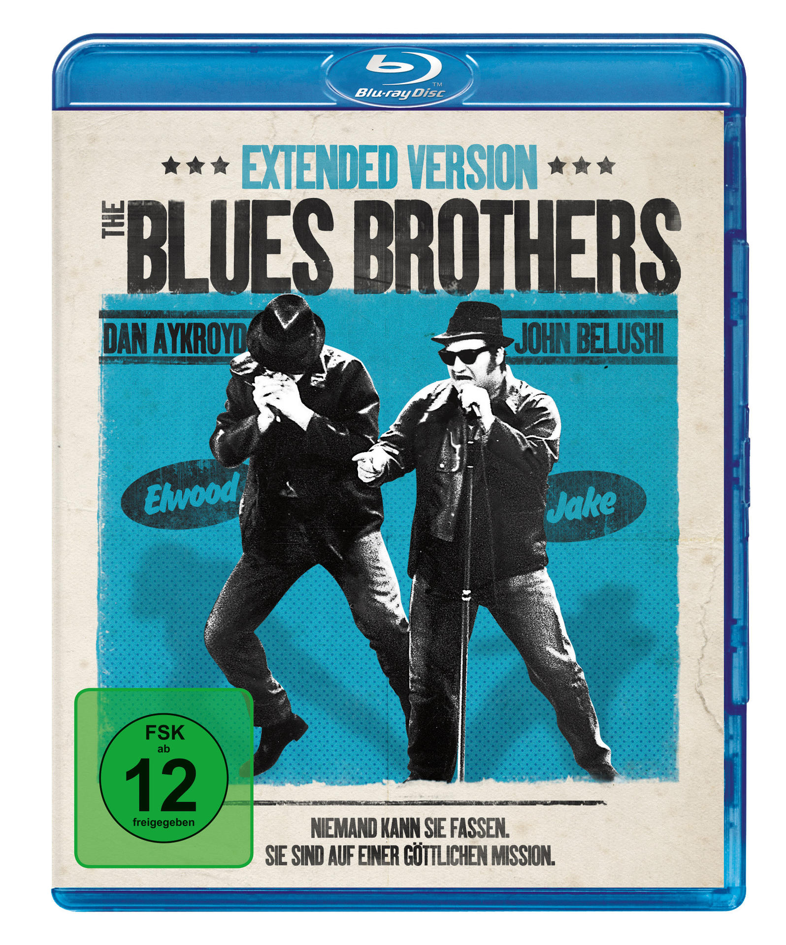 Blu-ray-Cover des Films 'The Blues Brothers'. Zwei Männer in Anzügen und Hüten. Erweiterte Version Text oben.