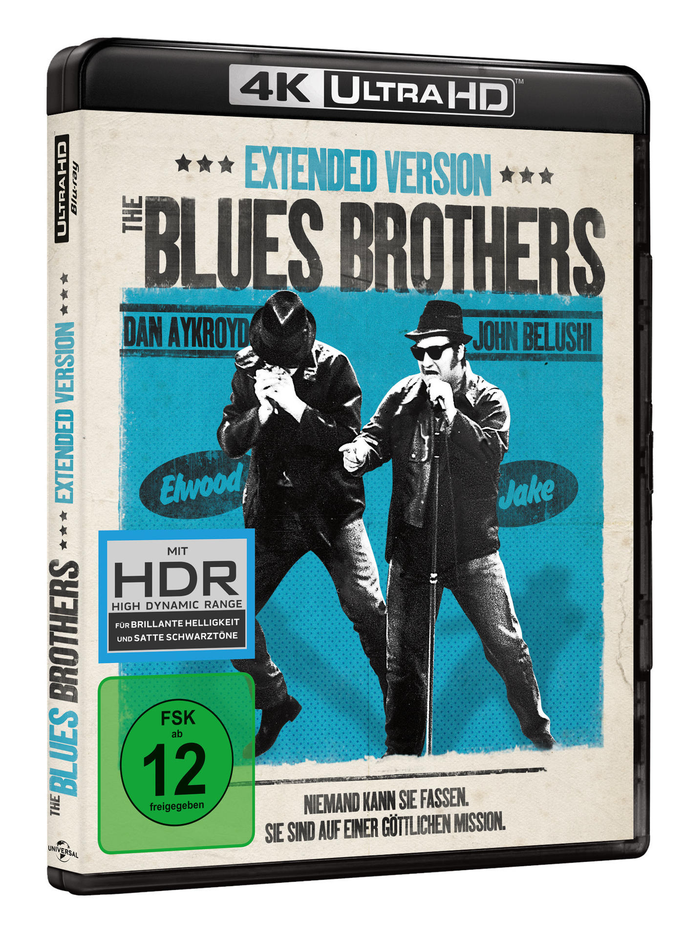4K Ultra HD Blu-ray Cover von 'The Blues Brothers'. Zwei Männer in schwarzen Anzügen.