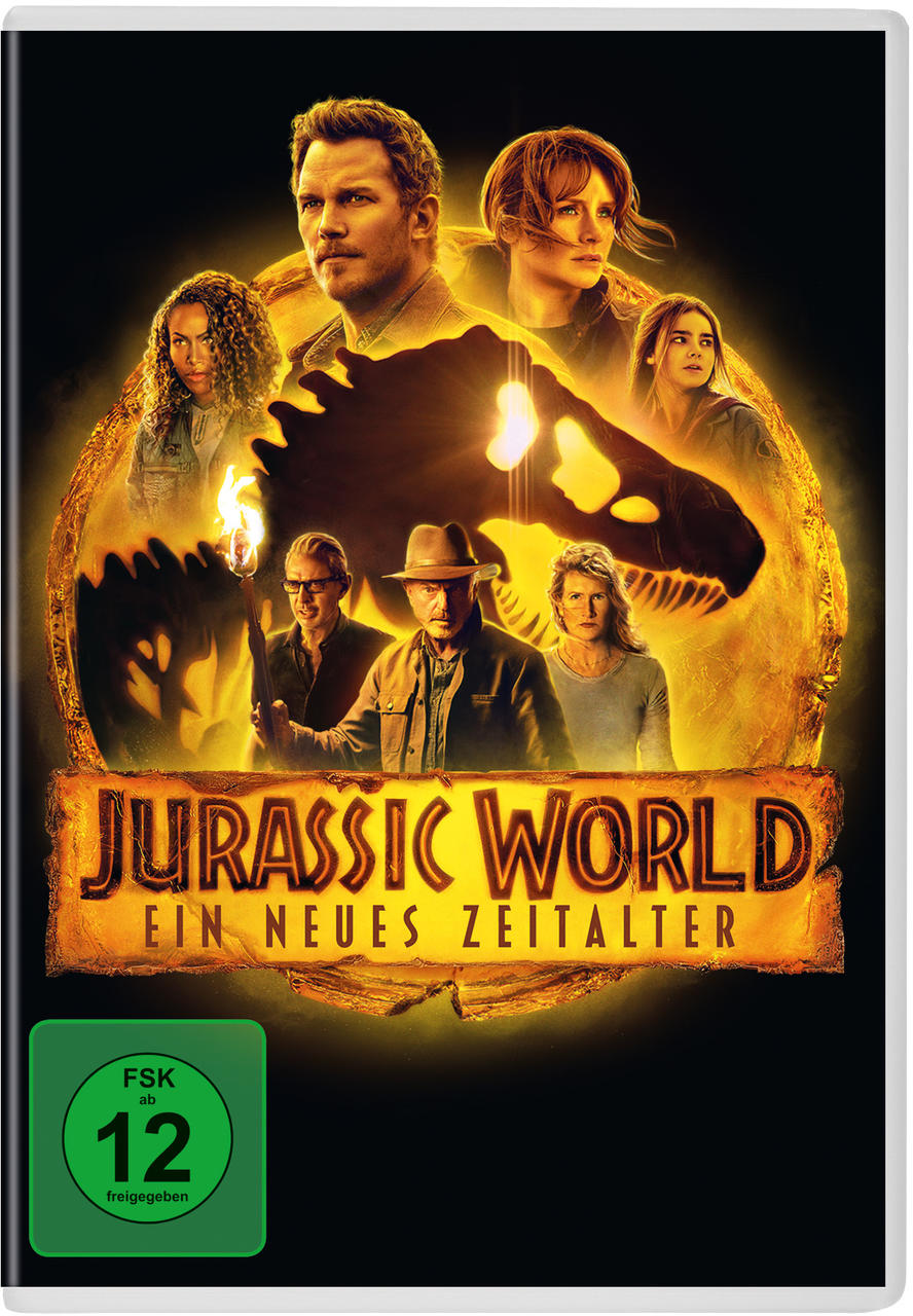 Jurassic World Filmcover mit Castfotos und einem großen Dinosaurier vor feurigem Hintergrund.