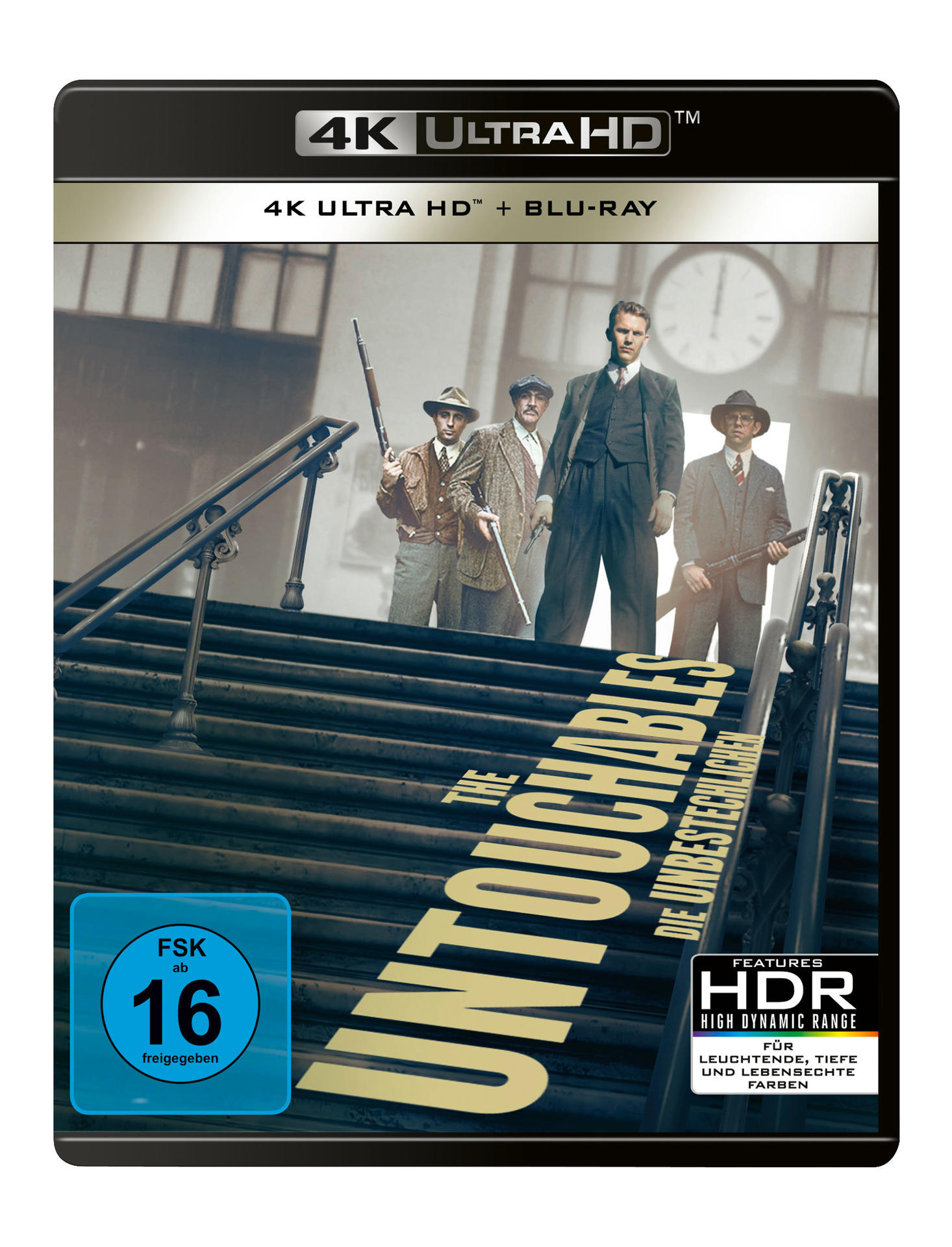 Filmcover. Männer in Anzügen mit Waffen auf Treppen. Titel: The Untouchables. 4K Ultra HD und Blu-ray.