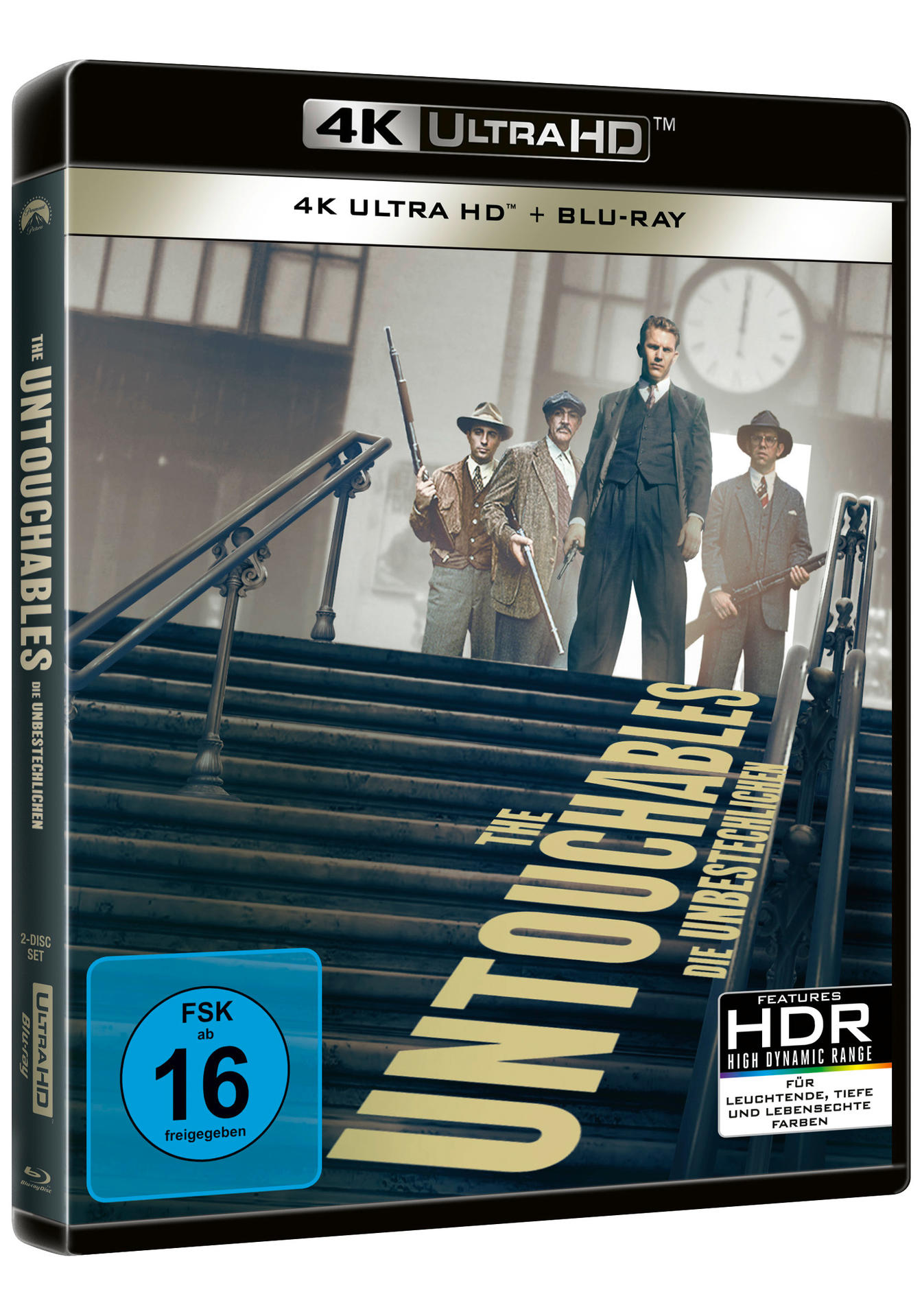 DVD-Hülle von The Untouchables. Gangster stehen auf Treppen. Titel in großen Buchstaben.