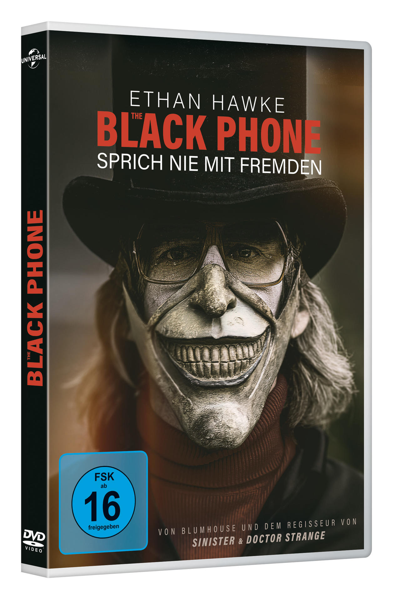 Filmcover: Ein Mann mit Maske, schwarzem Hut und Brille. Titel: 'THE BLACK PHONE'. Bewertung: FSK 16.