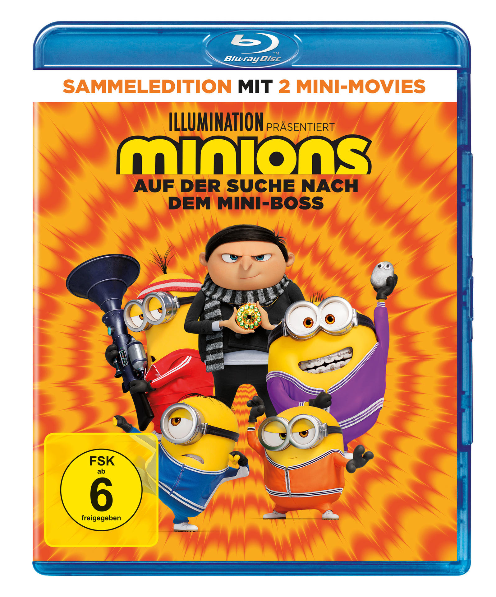 Ein Blu-ray-Cover mit Minions. Sie sind um eine zentrale Figur angeordnet. Der Hintergrund ist orange.