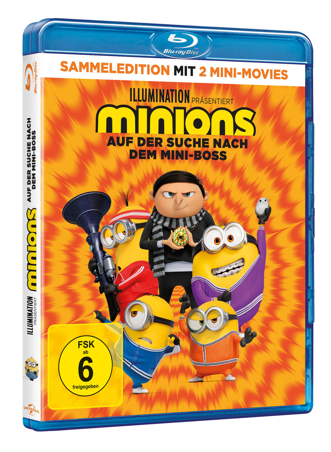 Blu-ray-Cover für den Film 'Minions'. Mit Minions und Gru. Oranger Hintergrund mit deutschem Text.