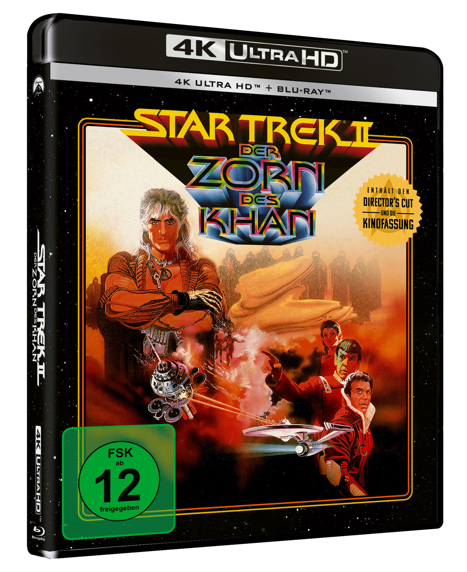 Blu-ray-Box-Art für Star Trek II. Enthält eine Illustration von Kirk und Khan. Text auf Deutsch.