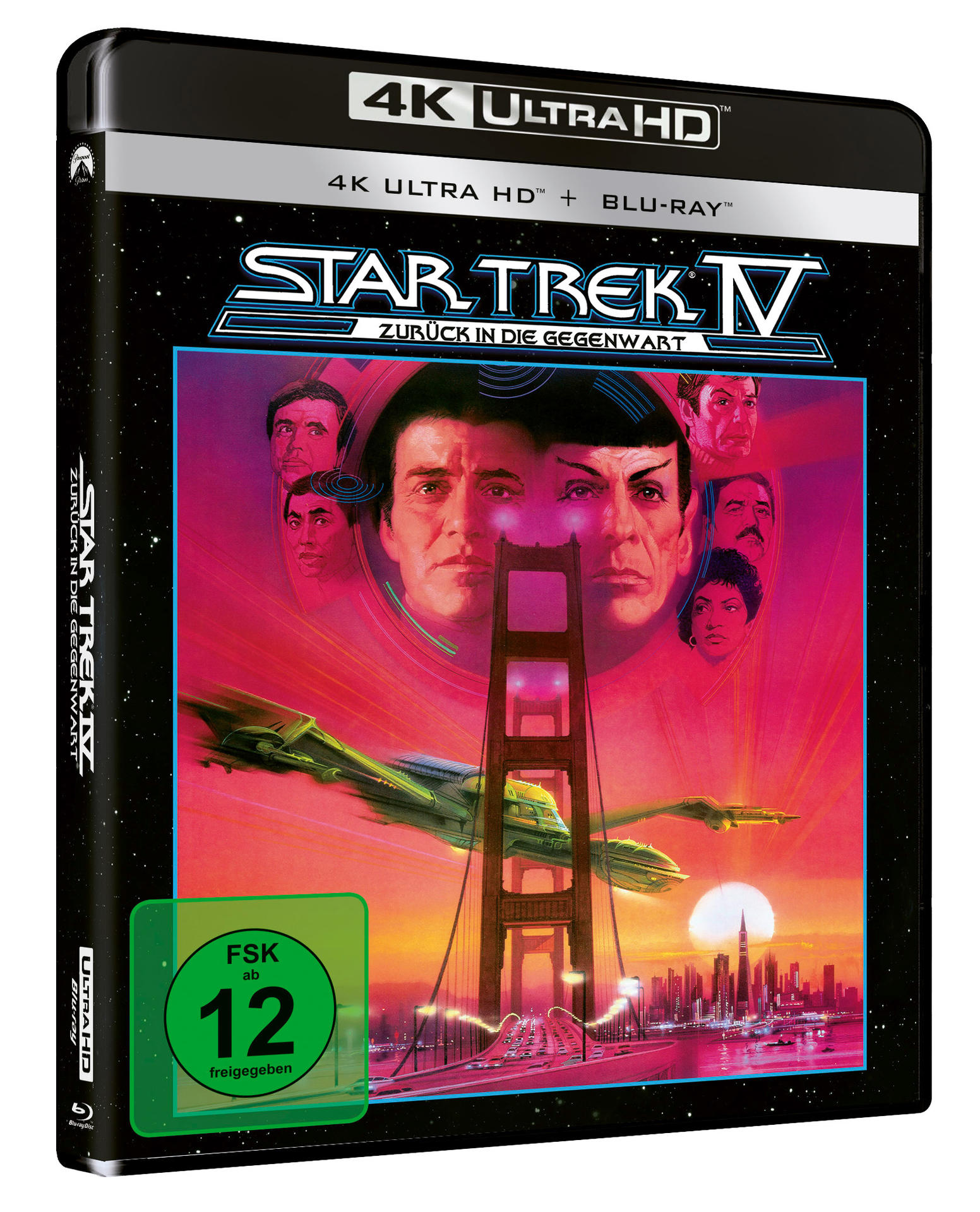 Star Trek IV Filmcover mit Schauspielern, einer Brücke und einer Skyline.