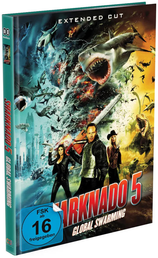 Filmcover für Sharknado 5, mit Haien, Menschen und einer Kettensäge.