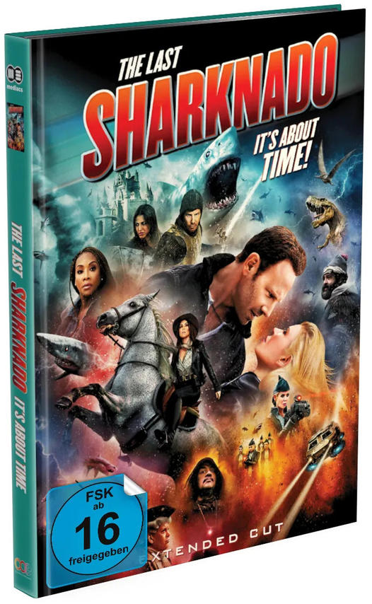 DVD-Cover für The Last Sharknado: It's About Time! Mit verschiedenen Charakteren und einem Sharknado.