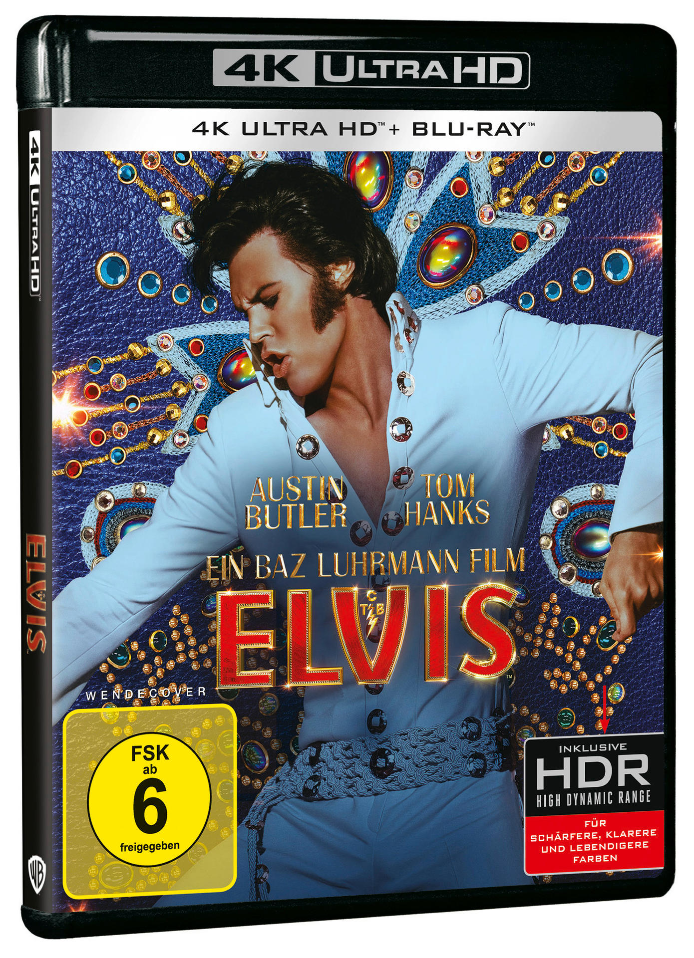 Elvis Blu-ray-Hülle. Austin Butler auf dem Cover. Schwarze Hülle, mit Text und Bildern.
