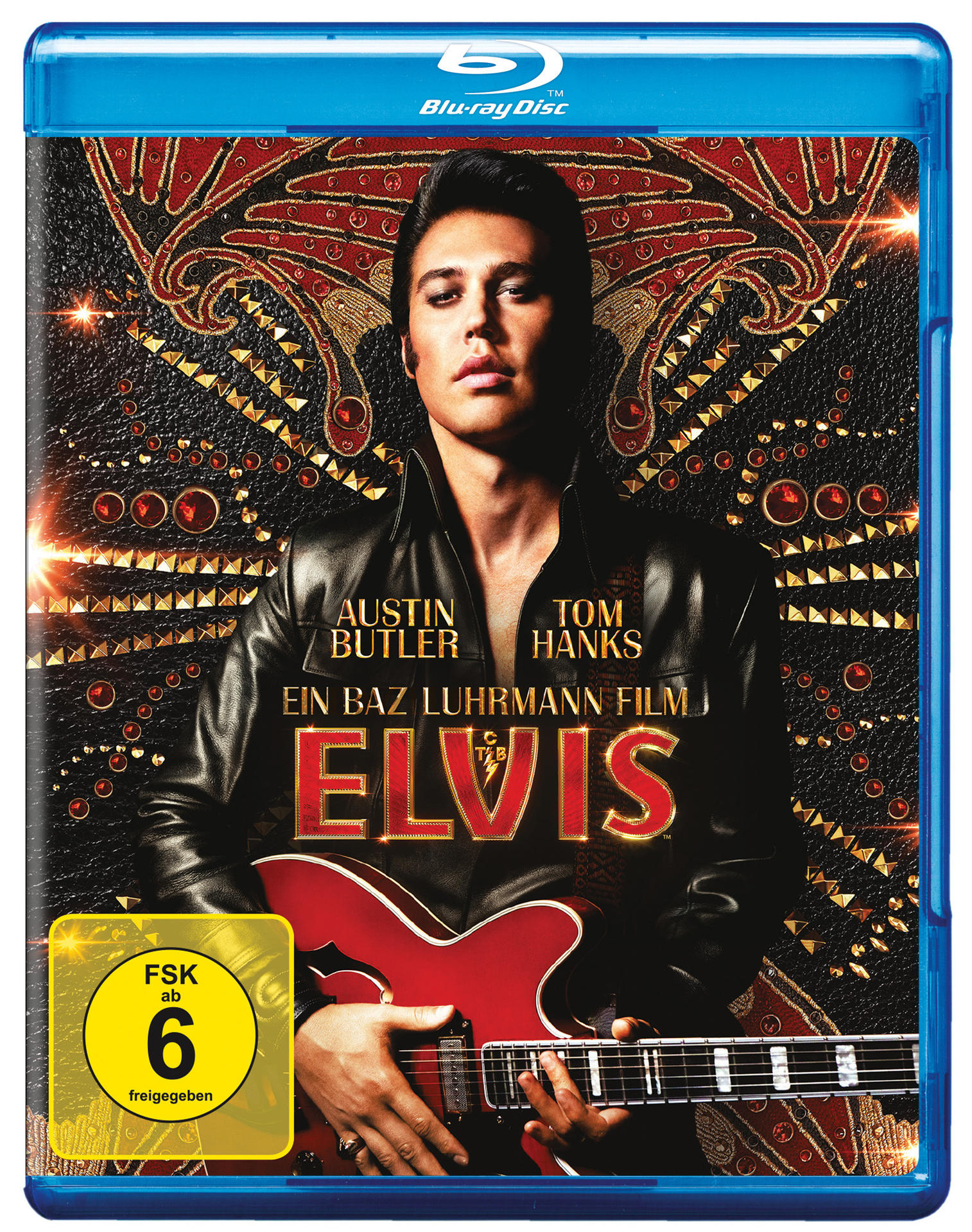 Blu-ray-Cover für den Film 'Elvis'. Austin Butler hält eine Gitarre, und Tom Hanks.