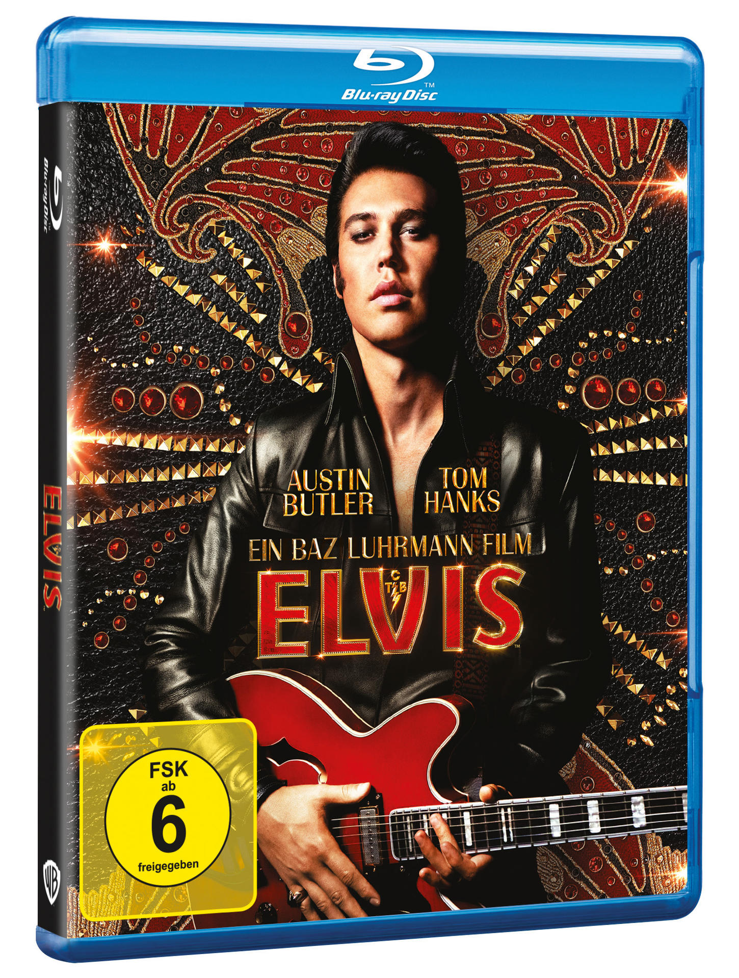 Blu-ray-Hülle des Films 'Elvis' mit Austin Butler mit Gitarre und Filmtitel.