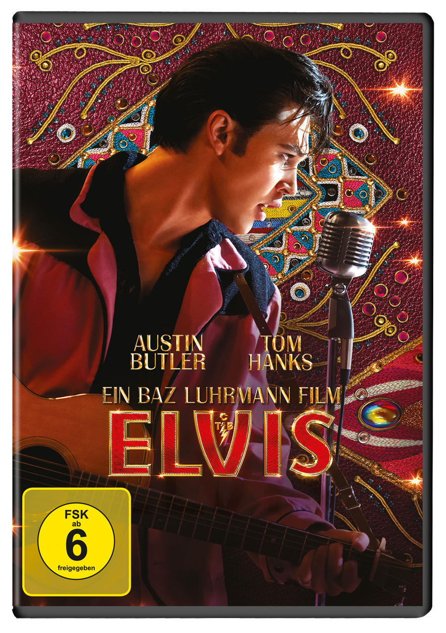 DVD-Cover für den Film Elvis. Mit Austin Butler als Elvis beim Singen mit Gitarre und Mikrofon.