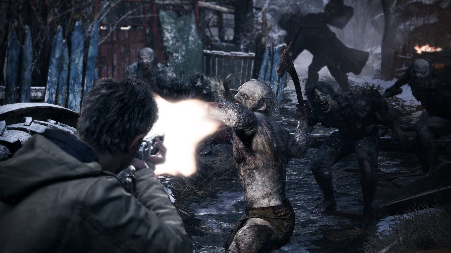 Man schiet op zombies in besneeuwde omgeving