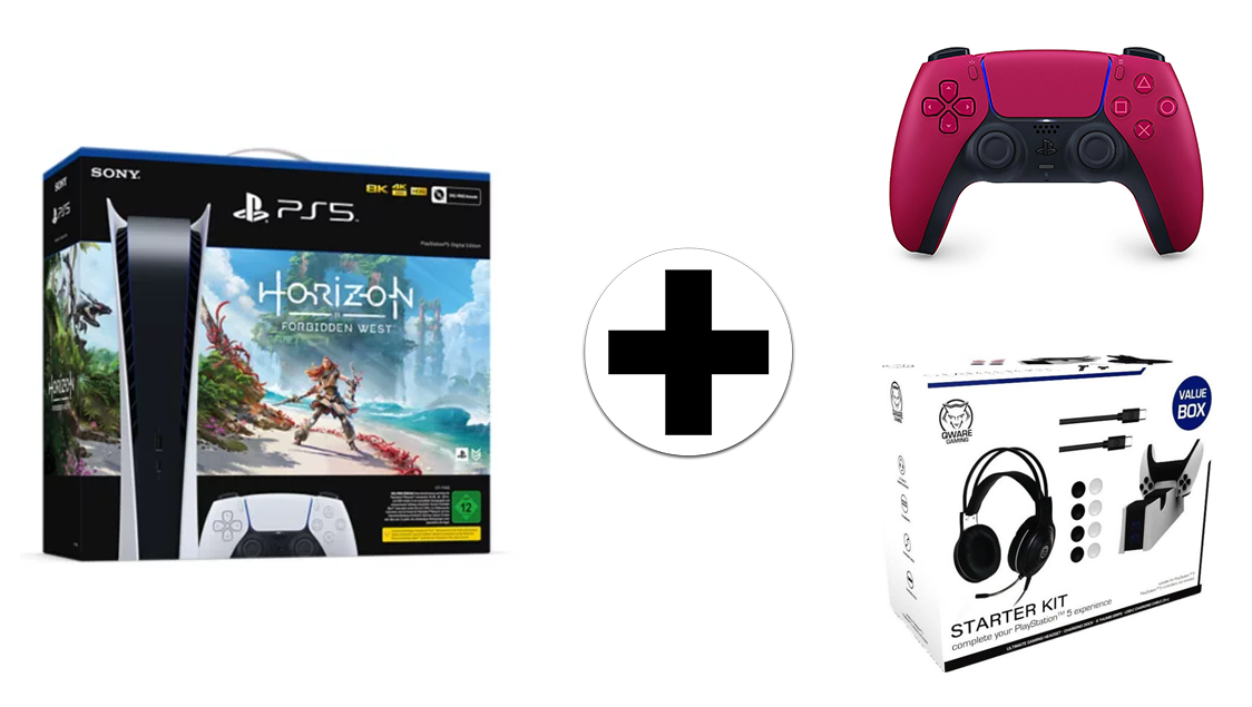 SONY PlayStation 5 Digital + Horizon: Forbidden West + extra controller (rood) + accessoiresset
