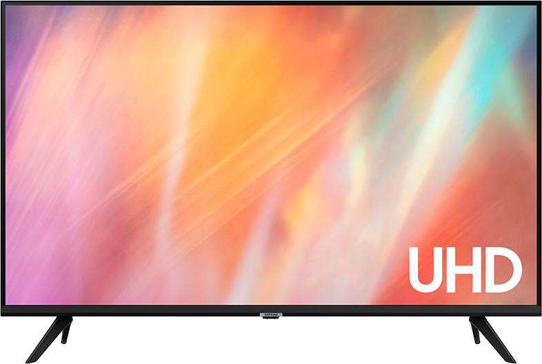 Samsung UHD TV. Fekete keret, fekete lábak. Színes, absztrakt háttér.