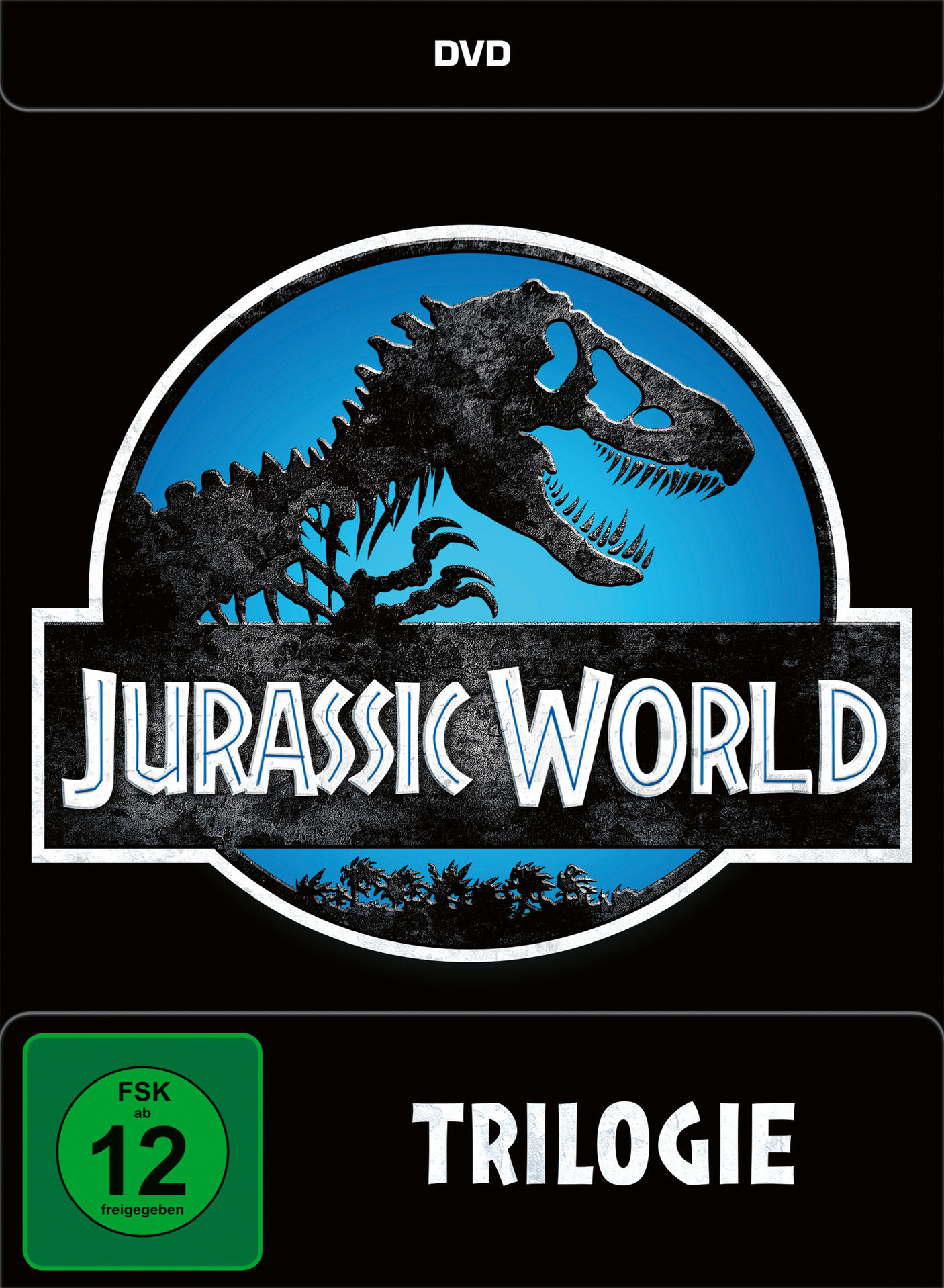 DVD-Cover der Jurassic World Trilogie mit Skelett-Logo und FSK 12-Altersfreigabe.